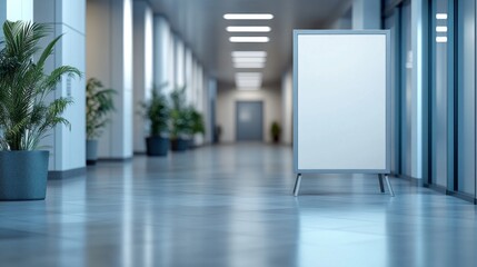 Fototapete - A bright, spacious hallway showcases tall potted plants on either side, with an empty signboard in the center sparking curiosity in a modern office environment