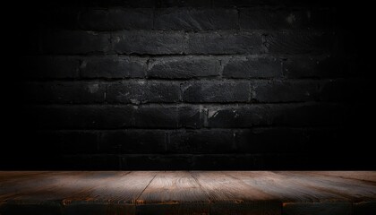 Poster - rustic wooden table against dark textured black brick wall with dramatic moody lighting for product display or backdrop

