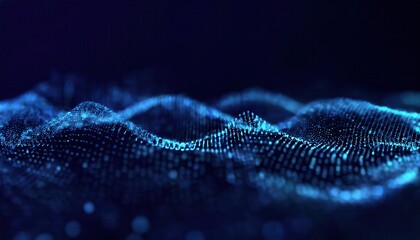 Poster - dynamic digital wave of glowing blue particles in dark futuristic space, abstract technology background for ai, big data, and blockchain visualization

