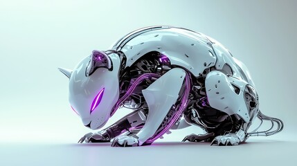 This is a futuristic robot cat with glowing purple eyes