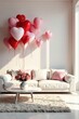 © Chalisa - Romantic Valentine's Day Interior Design Featuring a Plush White Sofa and a Bouquet of Pink Roses Centered on a Coffee Table, Adorned with Heart-Shaped Balloons