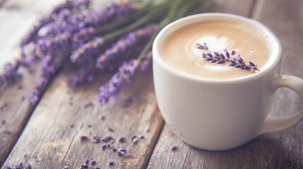 Wall Mural - Lavender latte on rustic wooden table with fresh purple sprigs