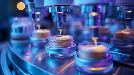Leinwandbilder - Automated machines fill transparent jars with a thick cream like substance, in a brightly lit factory setting under blue and purple lighting during evening hours.
