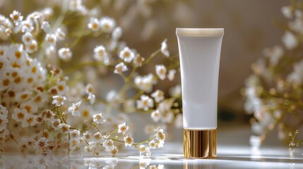 Poster - Skincare product stands gracefully amidst a backdrop of small white flowers, illuminated by soft light that enhances the feeling of tranquility and elegance, inviting a calming beauty experience.