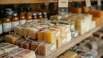 Poster - A variety of handmade soaps are arranged neatly on wooden shelves in a local market. The soaps feature different colors, textures, and labels, creating a vibrant display during the afternoon.