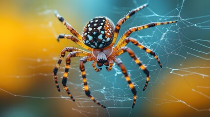 Colorful spider on intricate web against blurred background.