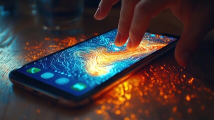 Hand interacting with vibrant, abstract phone screen display.