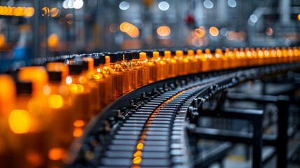 Fototapete - A conveyor belt showcases amber bottles moving through a busy beverage production facility, illuminated by soft overhead lighting.