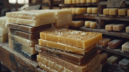 Poster - Various colorful soap bars are stacked on rustic wooden shelves in a cozy shop. The setting is warm and inviting, showcasing artisanal craftsmanship.