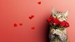 © arri - A tabby cat holds a bouquet of red roses against a red background