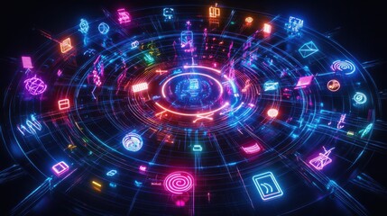 Wall Mural - Vibrant Neon Digital Icons with Abstract Tech Elements in 3D Space