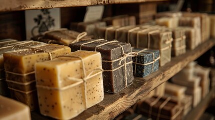 Poster - Rows of beautifully crafted soap bars in diverse colors and sizes are displayed on rustic wooden shelves. The natural materials and scents create a charming atmosphere in the shop.