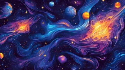 Wall Mural - Abstract Cosmic Art with Colorful Planets and Stellar Backgrounds