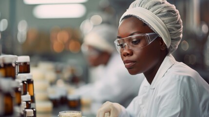 Leinwandbilder - A laboratory technician in protective gear carefully examines samples in a pharmaceutical environment filled with jars and equipment. The technician focuses intently while working.