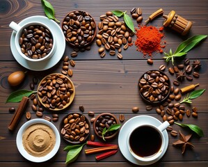 Wall Mural - A beautifully arranged coffee display featuring beans, spices, and various coffee preparations on a rustic wooden background.