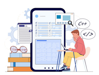 programmer working on tablet with code and checklist. flat design style on white background. concept