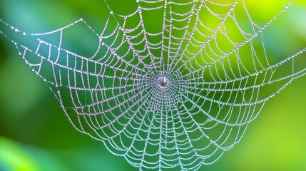 Close up of a spiderweb glistening with dew, intricate details visible against a blurred green background. Natural light enhances the web's delicate