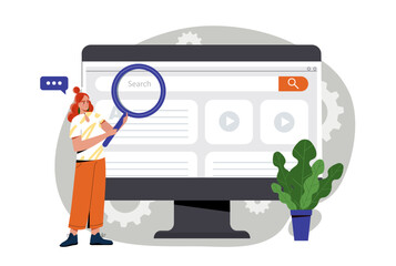 Wall Mural - person holding magnifying glass over computer screen with search bar, flat graphic style, grey backg