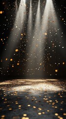 Wall Mural - dramatic stage with golden confetti falling under bright spotlights creating a magical and celebrato