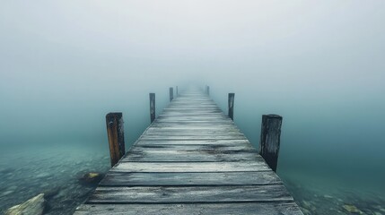  Gentle fog over an abandoned pier, creating a haunting yet serene view with soft gray tones and misty ambiance.