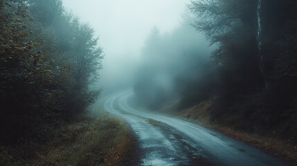 Wall Mural - misty fog hanging over a road through a dense forest, blurring the way forward into an ethereal worl