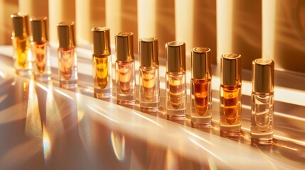 Fototapete - A collection of perfume bottles is displayed in a linear arrangement, showcasing various shades of liquid. Sunlight streams through window blinds, creating a warm, inviting atmosphere.