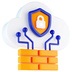 Fototapete - 3D illustration of cloud security with a shield and lock on a brick wall.