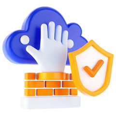 Fototapete - Cloud security illustration featuring a hand and a shield on a brick wall.