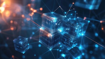 Wall Mural - abstract digital blocks connected by network lines in 3d space