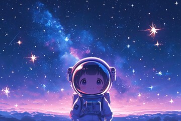 Wall Mural - cute little anime chibi girl in spacesuit and helmet with night starry sky on background