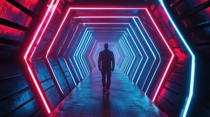 Wall Mural - futuristic neon tunnel with silhouette of a person walking alone