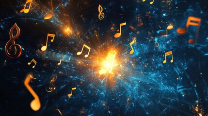 Wall Mural - bright musical notes floating in an abstract digital background