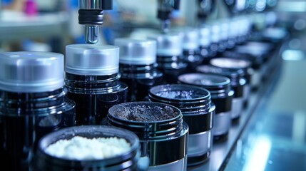 Aufkleber - Rows of black jars filled with various cosmetic formulations are being processed in a modern manufacturing facility. Machines are precisely filling the containers.