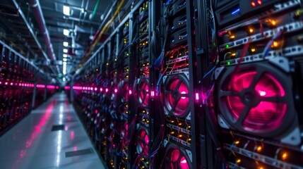 Aufkleber - Rows of powerful servers are operating in a high performance computing facility, featuring illuminated cooling fans. The environment is busy with advanced technology supporting various tasks.