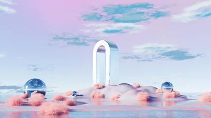 Wall Mural - 3D render, Abstract metallic structure on landscape with surreal pink and blue hues background