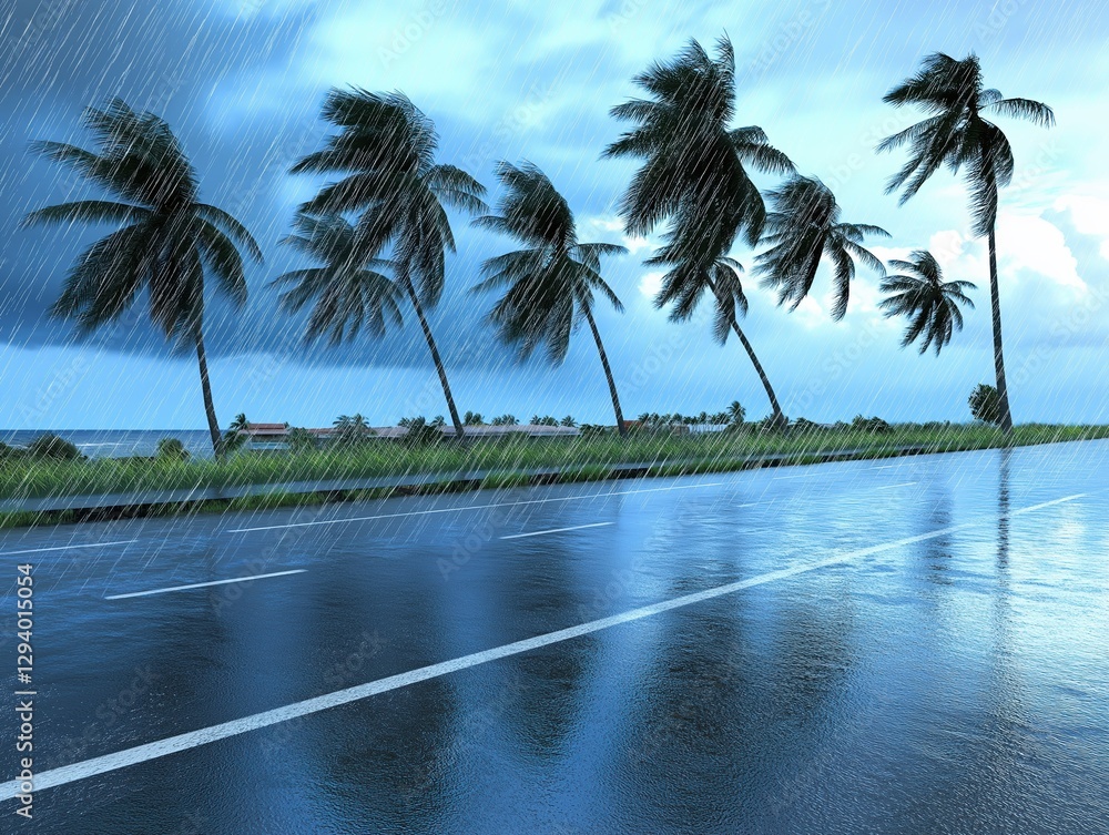 Tropical storm with heavy rain and strong winds bending palm trees ...
