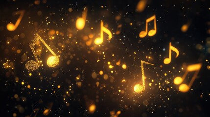 Wall Mural - golden music notes floating against a dark background with sparkles