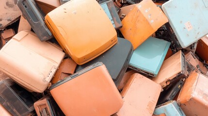 close-up shot of pile of discarded electronics being sorted for recycling in african town with wide 