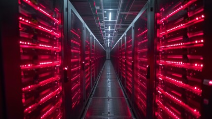 Leinwandbilder - Rows of advanced servers glow with red lights in a sleek data center corridor. The atmosphere is filled with the hum of technology, characterizing a busy, efficient environment.