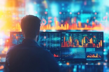 a programmer analyzing complex data and charts on multiple screens, showcasing data science and fina