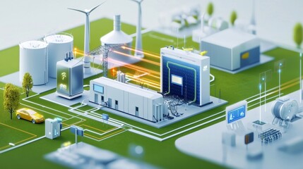 Wall Mural - digitally rendered power grid network connecting renewable energy infrastructure