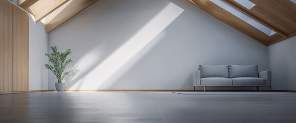 Wall Mural - Spacious minimalist living area with natural light streaming through skylights