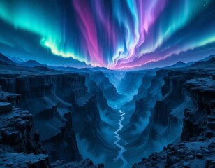 an ethereal canyon aglow with vibrant auroras