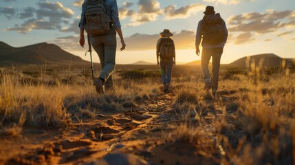 Poster - Three hikers walk along a sandy trail surrounded by tall grass as the sun sets, casting golden light over the serene desert and distant mountains, creating a picturesque atmosphere.
