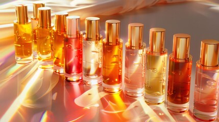 Poster - An assortment of vibrant beauty oils is arranged in sleek bottles, showcasing various colors and textures on a reflective surface under natural light.