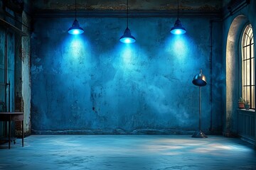 Wall Mural - dark and moody night scene with blue spotlights smoke and concrete textured wall creating grunge atm