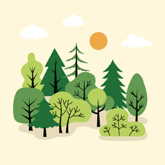 Wall Mural - green forest landscape. simple and flat design. vector elements for a poster, banner, or card. trees