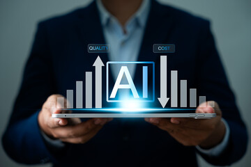 Aufkleber - AI powered business optimization, Cost reduction and Quality control, Artificial Intelligence driven automation optimizes workflows, Improves quality, Reduces expenses in business operations.