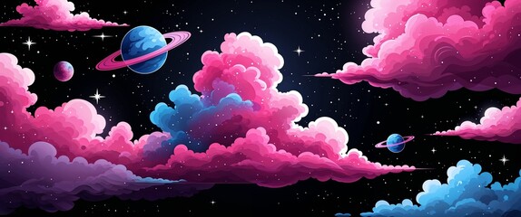 Wall Mural - pink nebula space clouds abstract cartoon on plain dark black background illustration