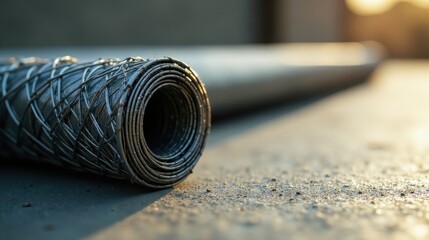 Close-up view of a rolled metal mesh, showcasing its intricate wire pattern and texture, resting on a textured surface bathed in warm, natural light.